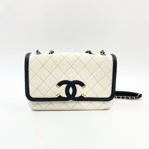 CHANEL White Black Caviar Quilted Small CC Filigree Flap